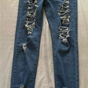 SHEIN Blue Distressed Straight Leg Jeans